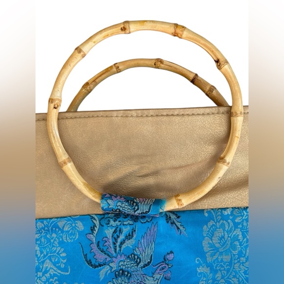 Elegant Blue Gold Brocade Tote Bag Bamboo Wooden Ring Handles Statement - Picture 3 of 8